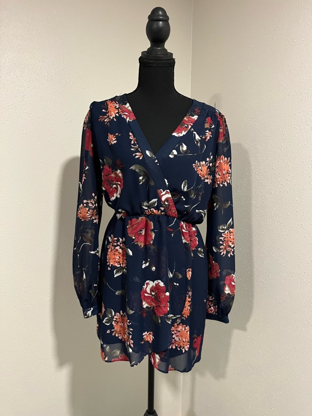 Lulu's Navy Floral Long Sleeve Wrap Mini Dress-Small